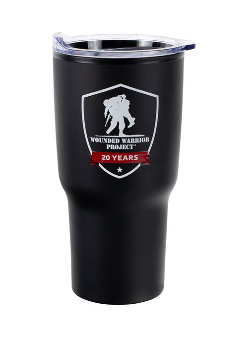 WWP 20th Anniversary Tumbler in Black - Front View 20th Anniversary Logo